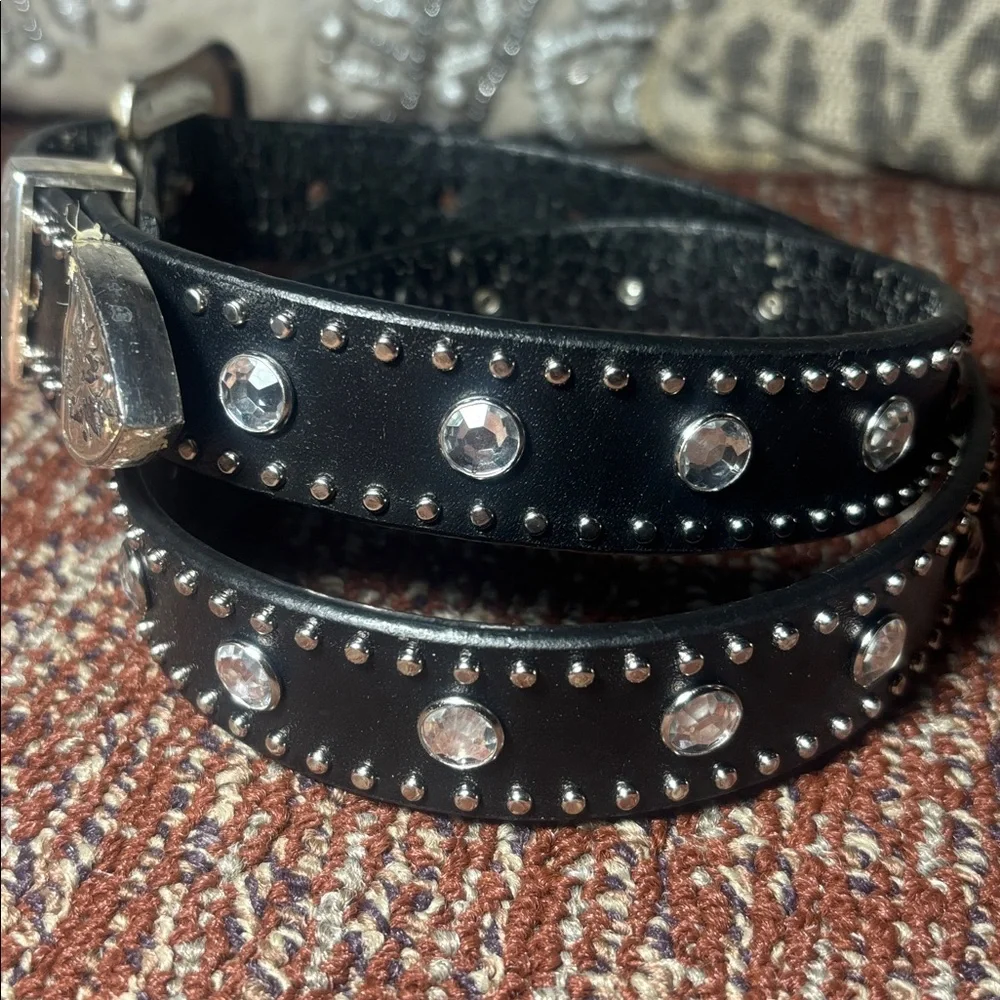 Vintage NOCONA belt Black Studded Leather Belt Silver Buckle rhinestone glamor